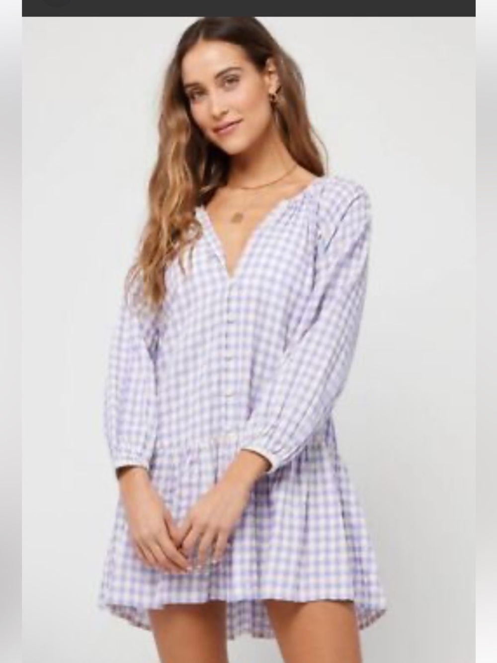 l*space Purple and White Gingham Tie-Back Mini Dress